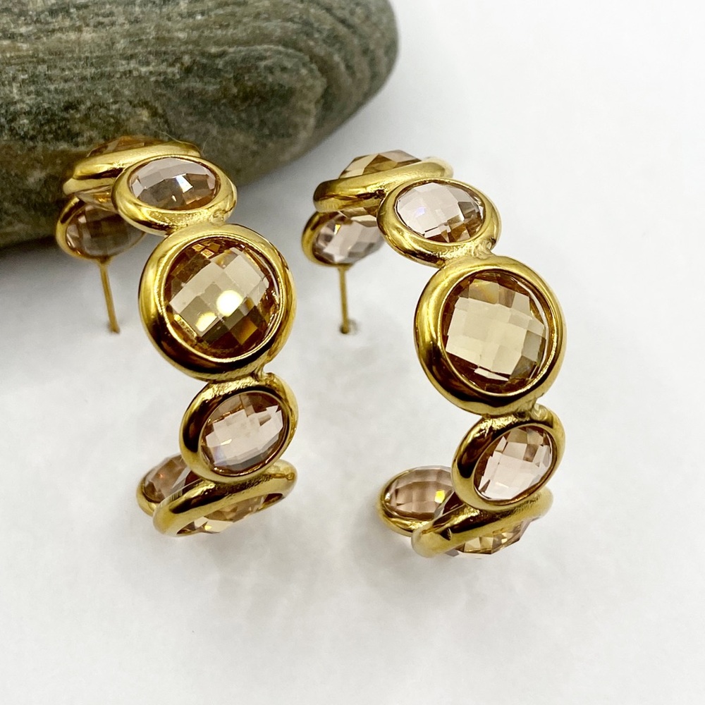 NEW Gold & Amber Stones Chunky Hoop Earrings